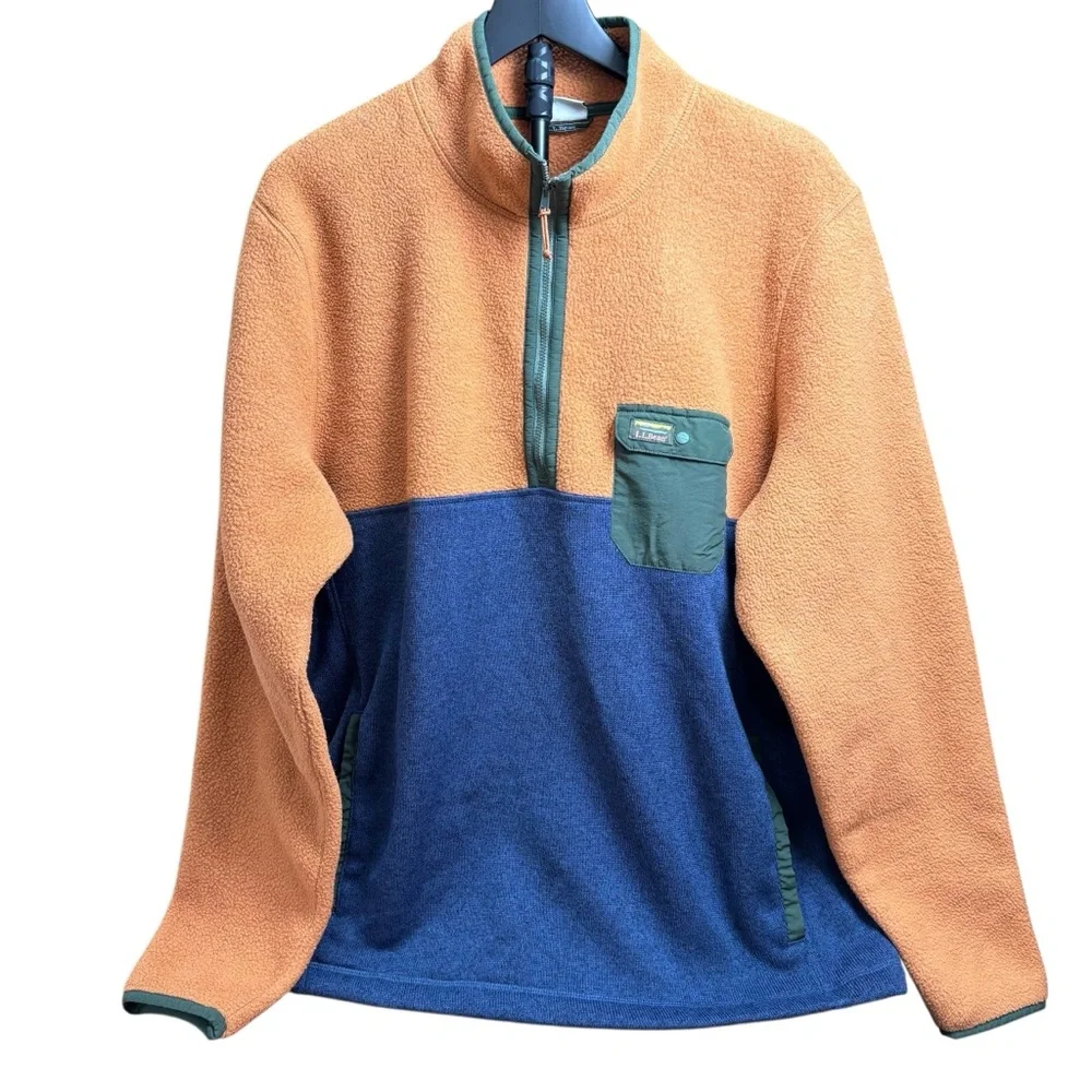 L.L. Bean 1/4 Zip Fleece Jacket in Rust Blue Green Kangaroo Pocket Men’s XL Tall - Picture 2 of 9